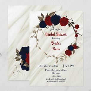 navy blue & red floral wreath bridal shower invitation