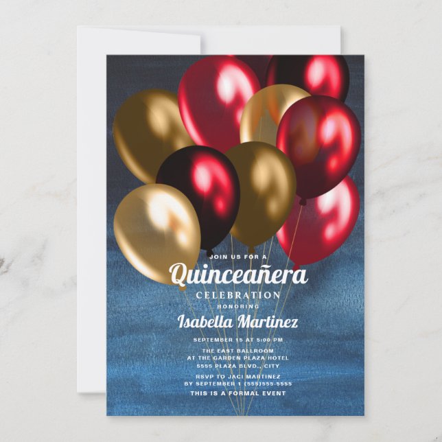 Navy Blue Red Gold Balloons Quinceañera Invitation (Front)