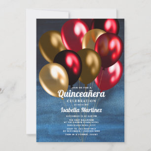 Navy Blue Red Gold Balloons Quinceañera Invitation