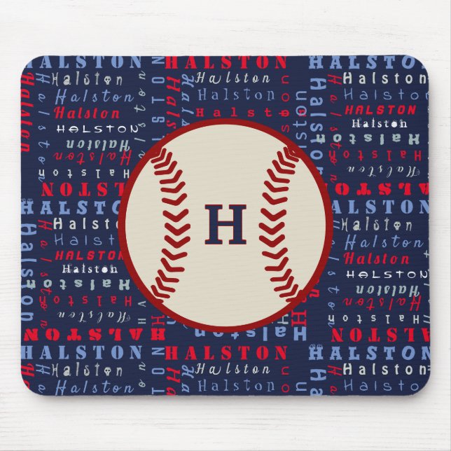 Navy Blue, Red Monogram Name pattern Kids baseball Mouse Mat (Front)