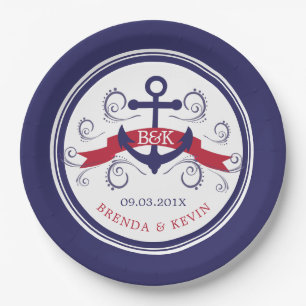 Navy-Blue & Red Nautical Boat Anchor With Banner Paper Plate
