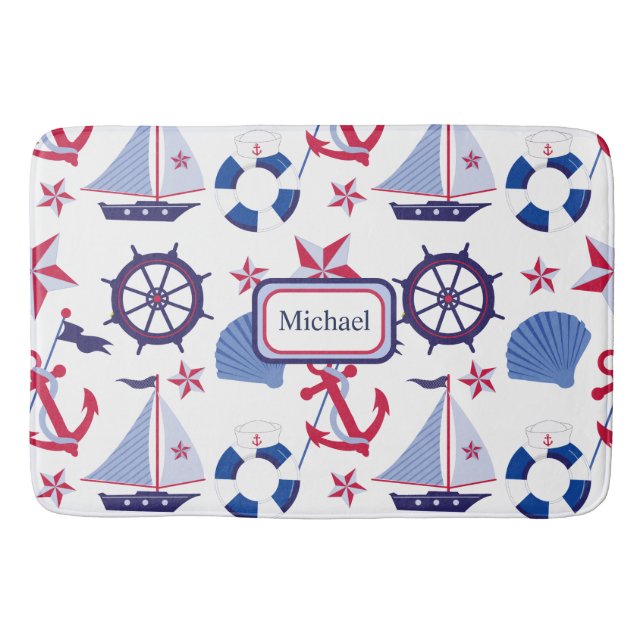 Navy Blue Red Nautical Kid's Bath Mat (Front)