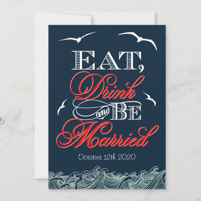 Navy Blue & Red Nautical Wedding Invitations (Front)