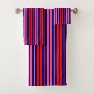 Navy Blue Red Pink Vertical Stripes Design   Bath Towel Set