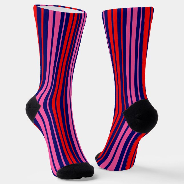 Navy Blue Red Pink Vertical Stripes Design   Socks (Angled)