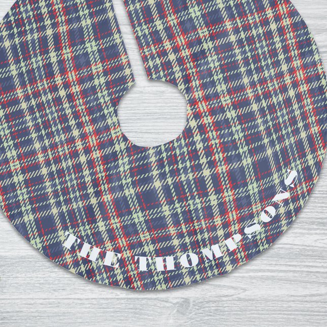 Navy Blue Red Plaid Pattern Christmas Brushed Polyester Tree Skirt (Christmas holiday Navy blue pattern tree skirt. )