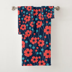 Navy Blue Red Poppy Floral Print Pattern Bath Towel Set