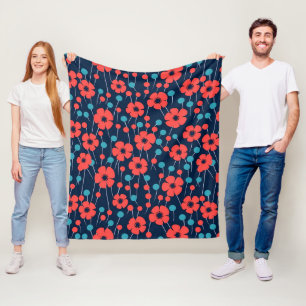 Navy Blue Red Poppy Floral Print Pattern Fleece Blanket