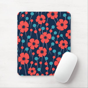 Navy Blue Red Poppy Floral Print Pattern Mouse Mat