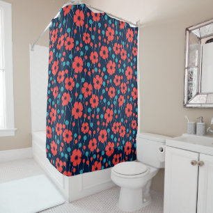Navy Blue Red Poppy Floral Print Pattern Shower Curtain