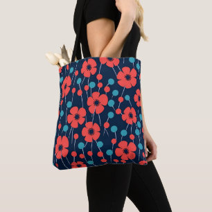Navy Blue Red Poppy Floral Print Pattern Tote Bag