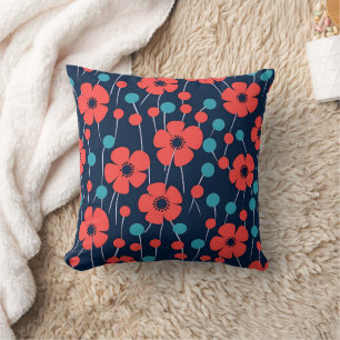 Navy Blue Red Poppy Seamless Floral Print  Cushion