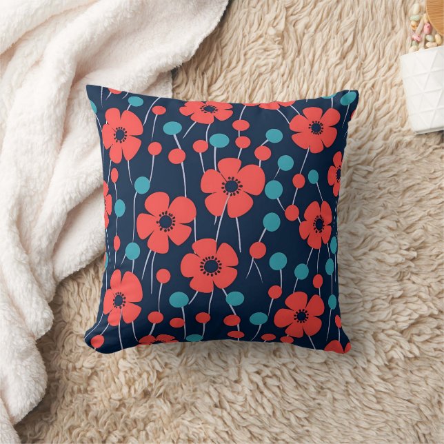 Navy Blue Red Poppy Seamless Floral Print  Cushion (Blanket)