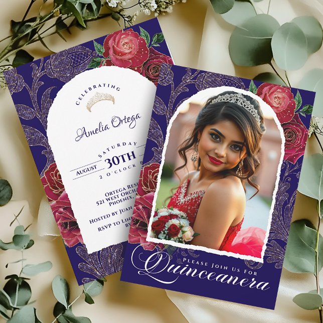 Navy Blue Red Roses Photo Princess Quinceanera Invitation (Creator Uploaded)