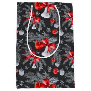Navy Blue Red Silver Christmas Botanical Medium Gift Bag