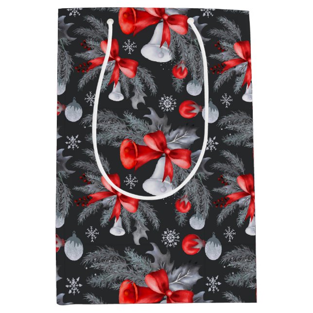 Navy Blue Red Silver Christmas Botanical Medium Gift Bag (Front)