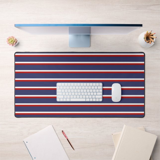 Navy Blue Red Stripe Pattern Desk Mat (Office 1)