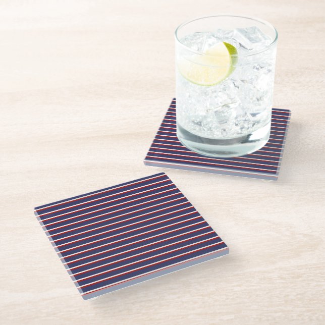 Navy Blue Red Stripe Pattern Glass Coaster (Angled)
