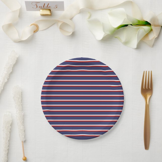 Navy Blue Red Stripe Pattern Paper Plate (Wedding)