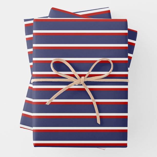 Navy Blue Red Stripe Pattern Wrapping Paper Sheet (In situ)