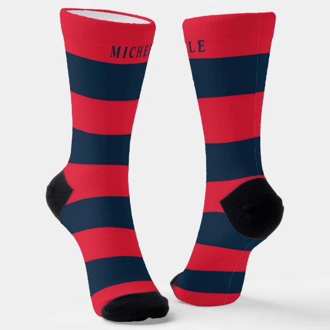 Navy Blue Red Striped For Custom Name  Socks (Angled)