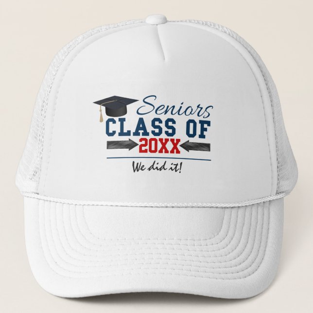 Navy Blue Red Typography Graduation Hat (Front)