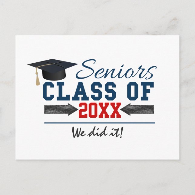 Navy Blue Red Typography Graduation postcard (Front)