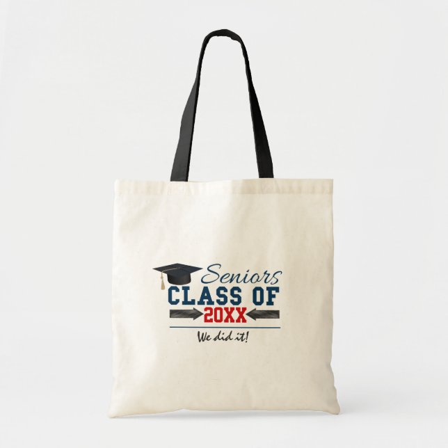 Navy Blue Red Typography Graduation Tote Bag (Front)