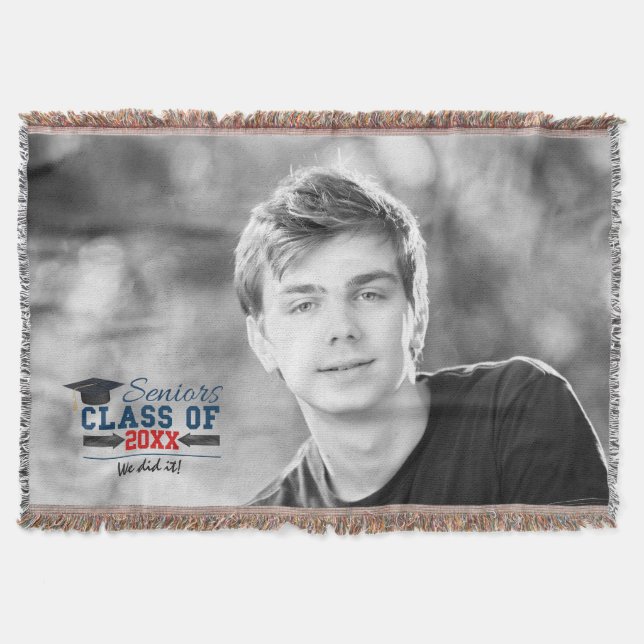 Navy Blue Red Typography Graduation woven blanket (Front)