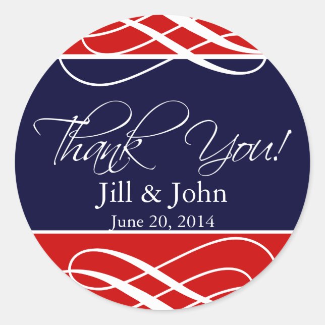 Navy Blue Red Wedding Thank You Stickers (Front)