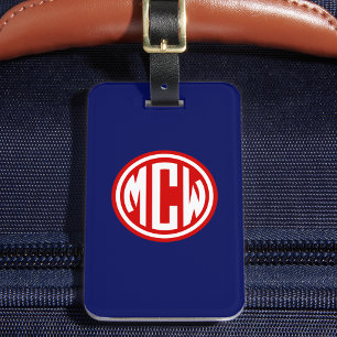 Navy Blue Red White Circle Monogram DIY BG Luggage Tag