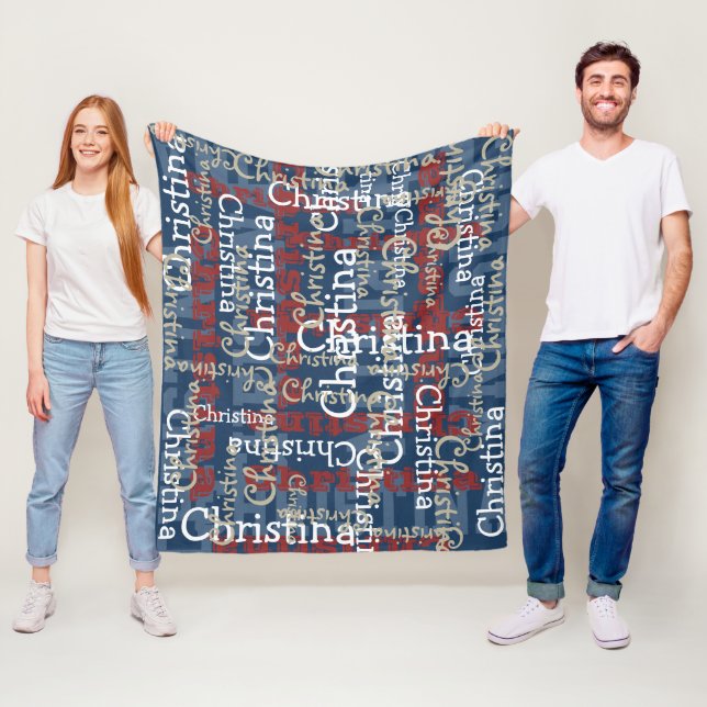 Navy Blue Red White Name Collage Personalised Fleece Blanket (In Situ)