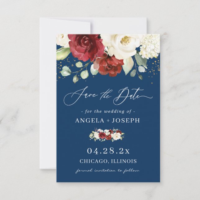 Navy Blue Red White Rose Floral Trendy Wedding Save The Date (Front)
