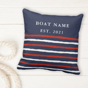Navy Blue Red White Stripes Boat Name Nautical Cushion