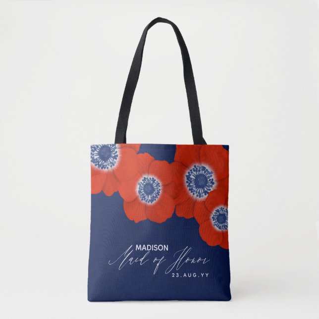 Navy Blue & Red Windflower Maid of Honour Tote Bag (Front)