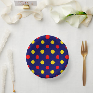 Navy Blue Red Yellow Polka Dots Design Paper Plate