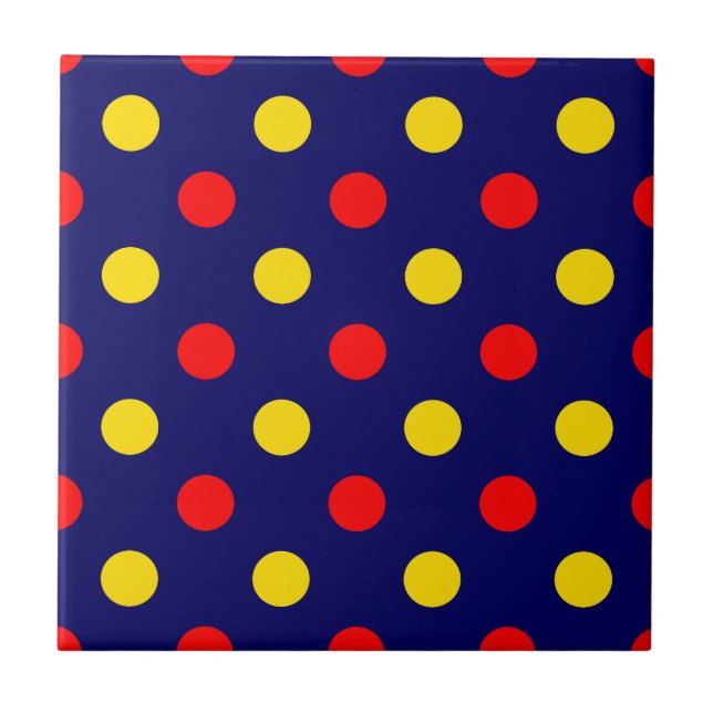 Navy Blue Red Yellow Polka Dots Design  Tile (Front)
