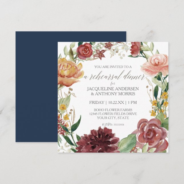 Navy Blue Rehearsal Dinner Rustic Floral Red Rose Invitation (Front/Back)