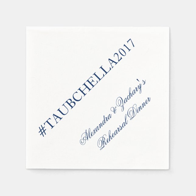 Navy Blue Rehearsal Dinner Wedding Hashtag Napkins (Front)
