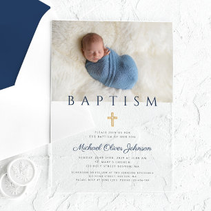 Navy Blue Religious Cross Boy Baptism Photo Acrylic Invitations