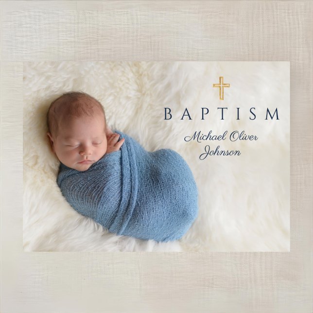 Navy Blue Religious Cross Boy Baptism Photo Invitation (Navy Blue Religious Cross Boy Baptism Photo Invitation)