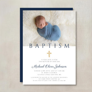 Navy Blue Religious Cross Boy Baptism Photo Invitation