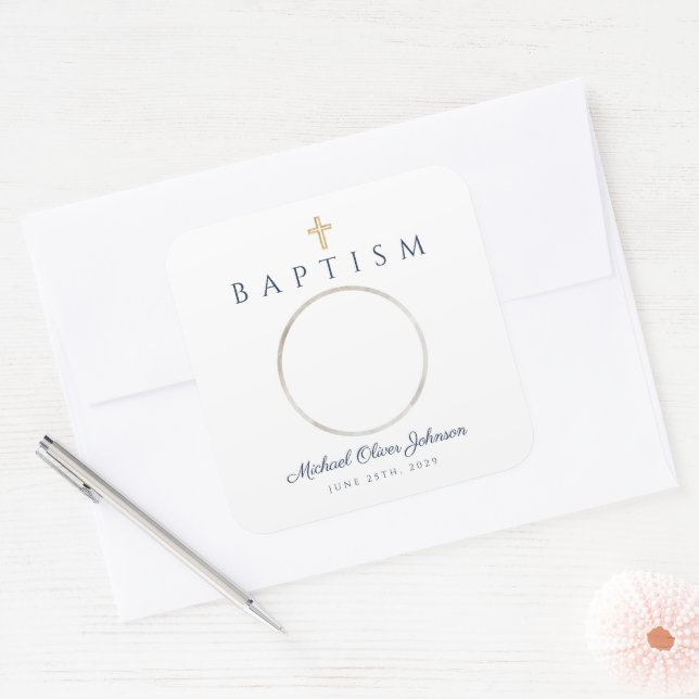 Navy Blue Religious Cross Boy Baptism Photo Square Sticker (Envelope)