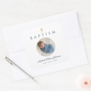 Navy Blue Religious Cross Boy Baptism Photo Square Sticker
