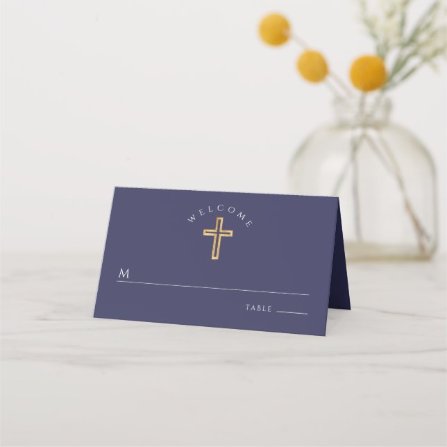Navy Blue Religious Cross Boy Baptism Place Card (Front)