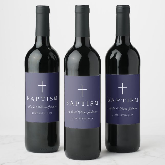 Navy Blue Religious Cross Boy Baptism Wine Label (Bottles)
