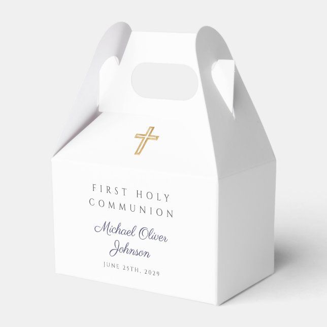 Navy Blue Religious Cross Boy First Communion  Favour Box (Front Side)