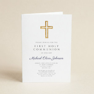 Navy Blue Religious Cross Boy First Communion Invitation