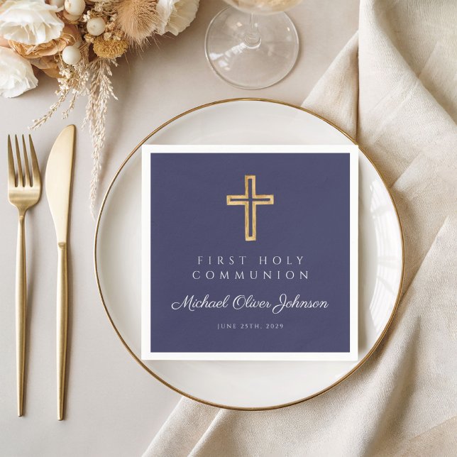 Navy Blue Religious Cross Boy First Communion Napkin (Navy Blue Religious Cross Boy First Communion Napkins)
