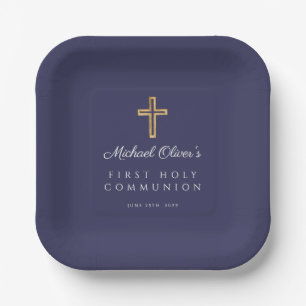 Navy Blue Religious Cross Boy First Communion Paper Plate